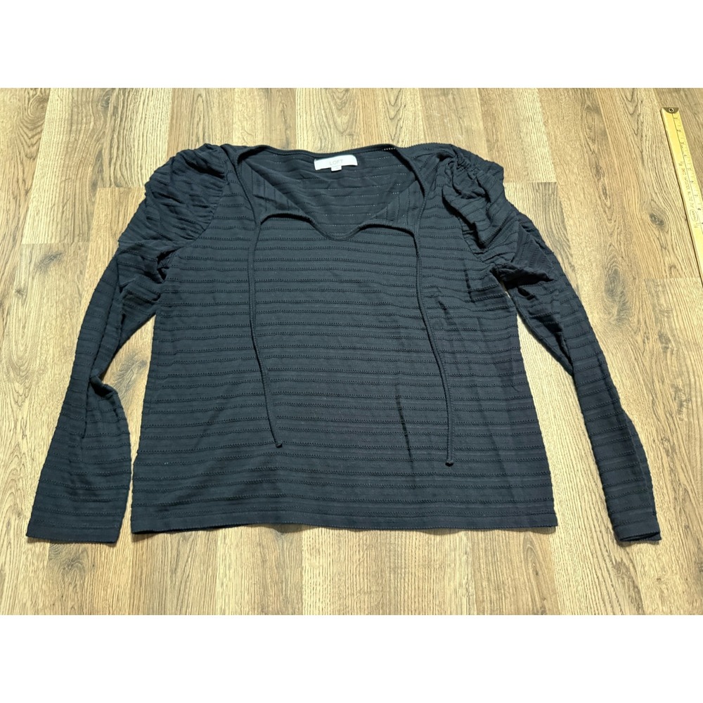 LOFT Top Womens Size L Black Blouse Long Sleeve Ruched V-Neck Tie